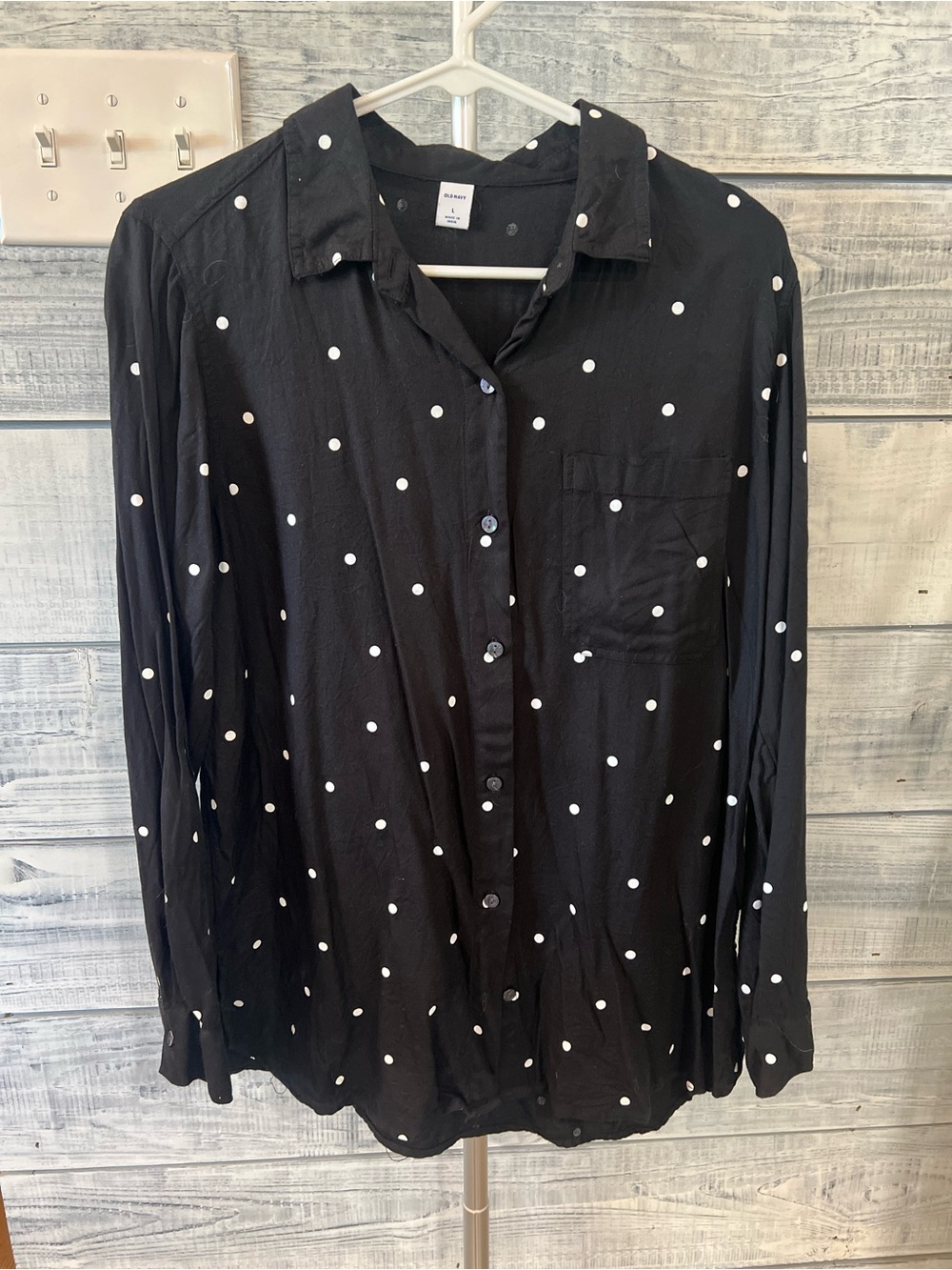Old Navy Black Button-Down Shirt with White Polka Dots